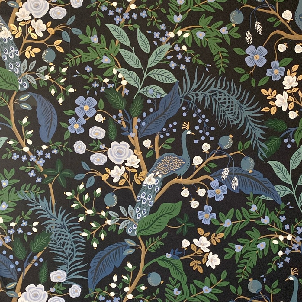 Rifle Paper Co. Midnight Peacock Floral Wallpaper in Blue, Green, White, Gold